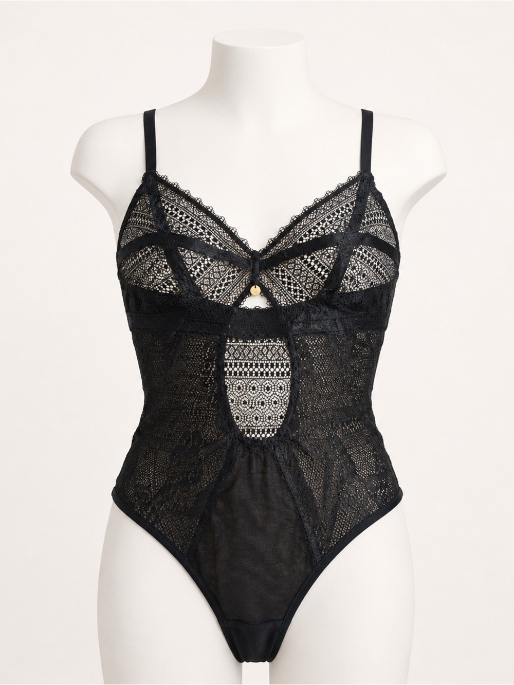 Sam Edelman NWT Black Lace Lingerie Sexy Bodysuit Sheer Cutout Teddy Medium